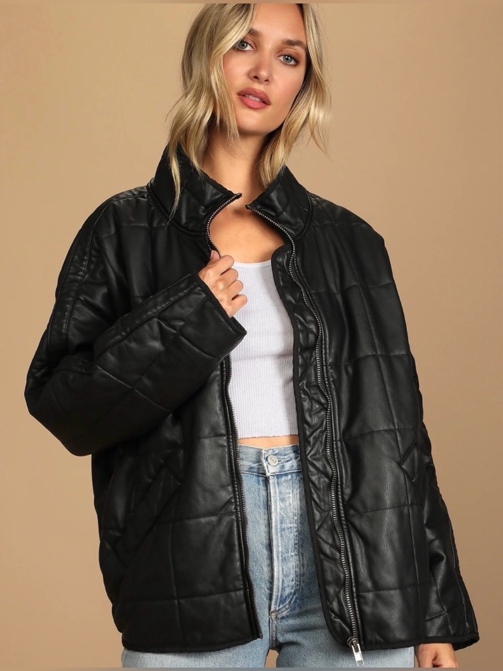 FREE PEOPLE We the Free Dolman Vegan Leather Quilted Jacket EUC Size Large
